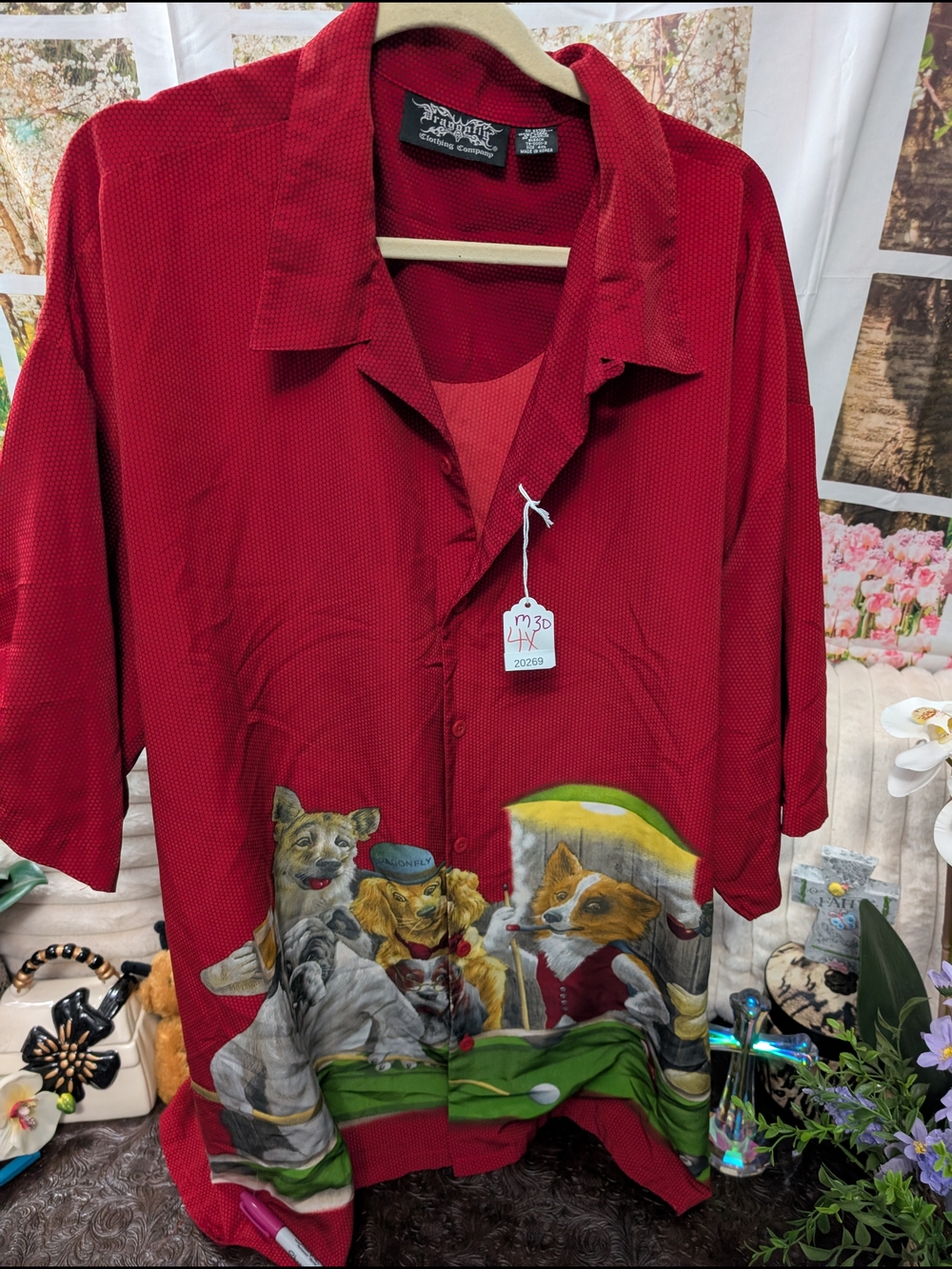 Casual Red Button-Down Shirt with Dog Print